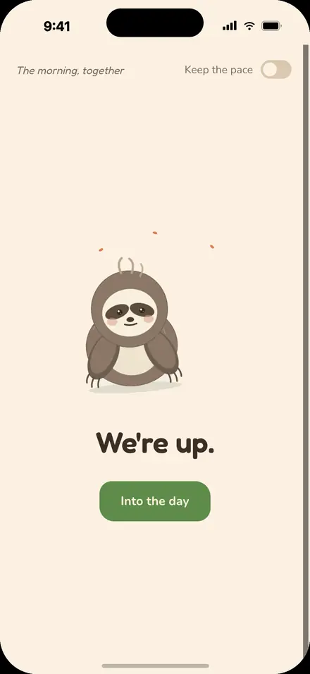 Moss celebrating “We’re up”, with a button into the day